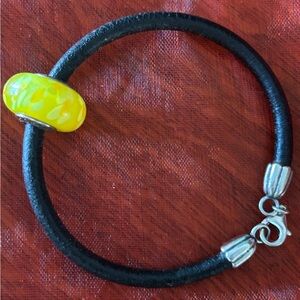 Pandora 925 Yellow Blossom XL  Murano Black Leather Bracelet 18cm 7.5" RETIRED